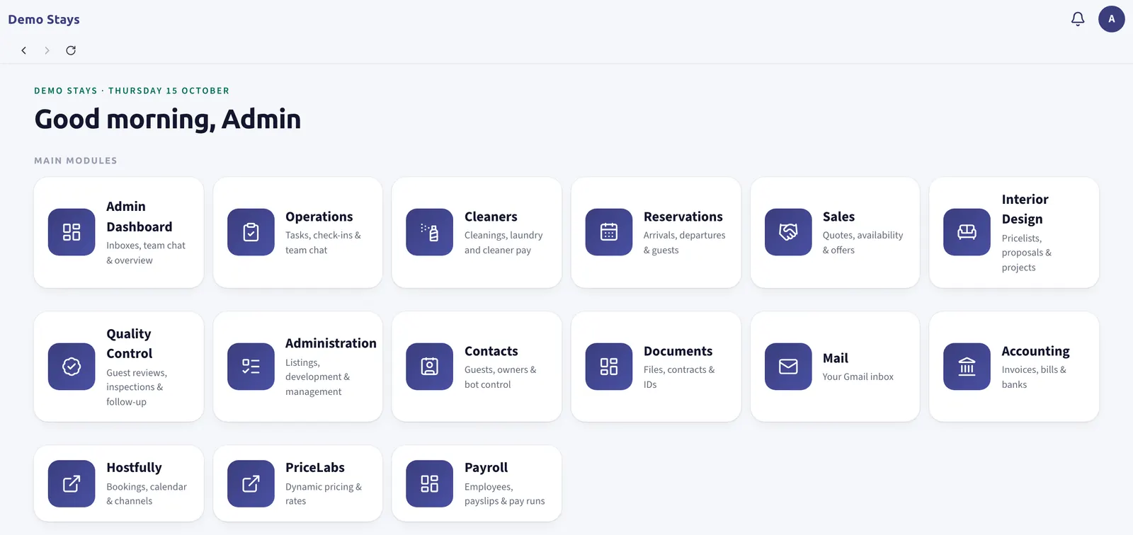 The home screen of a demo workspace: a greeting and tiles for the modules this person can open, such as Operations, Cleaners, Reservations, Sales, Quality Control, Contacts, Documents, Mail, Accounting and Payroll