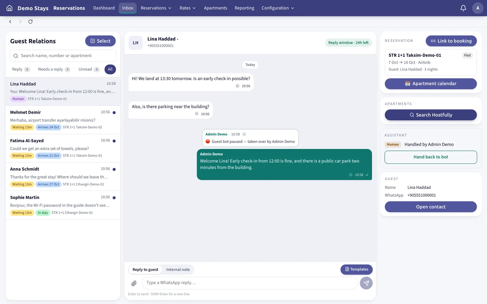 Guest Relations inbox: a list of guest WhatsApp conversations with waiting times, an open conversation with a team reply, and the linked reservation and guest details on the right