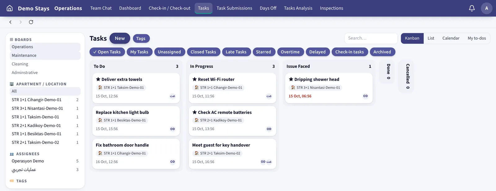 Operations task board with To Do, In Progress and Issue Faced columns, each task showing its apartment, deadline and assignees